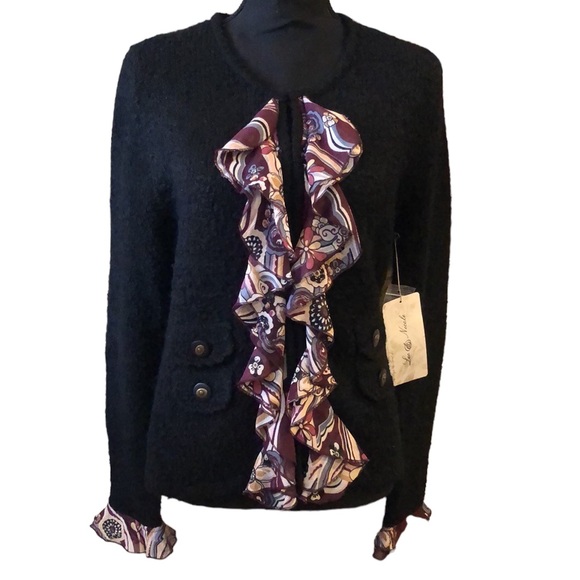Lea & Nicole Sweaters - LEA & NICOLE BOUCLE KNIT CARDIGAN WITH SILK FLORAL RUFFLES SIZE M NEW WITH TAGS